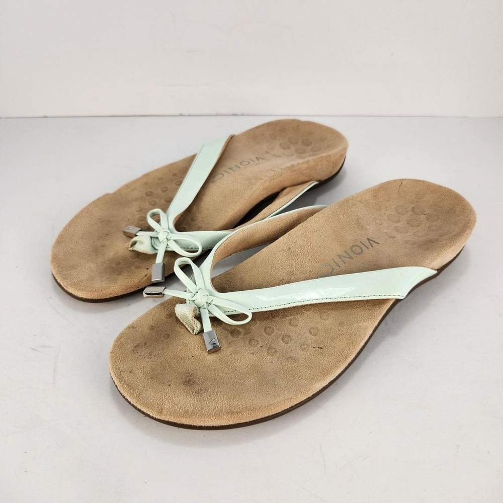 Vionic Bella II Women's Size 7.5 Mint Green Patent Bow Thong Sandals Orthotic